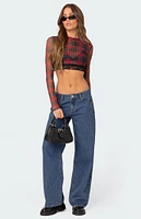 Edikted Noel Plaid Printed Mesh Crop Top