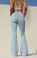 Light Blue Button Stretch High Waisted Flare Jeans