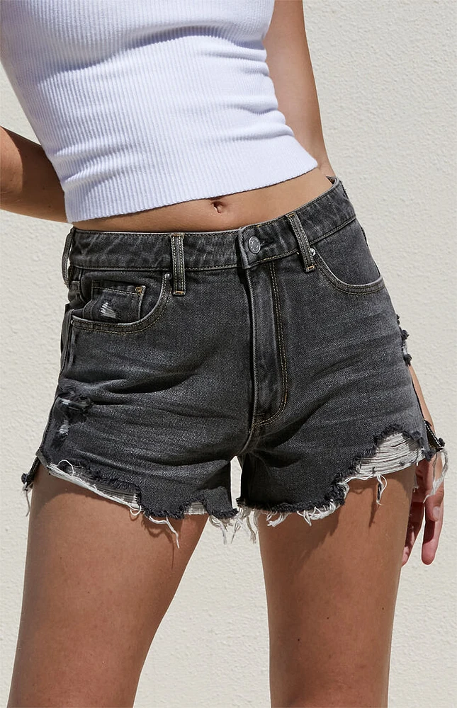 Faded Black Ripped High Waisted Denim Festival Shorts
