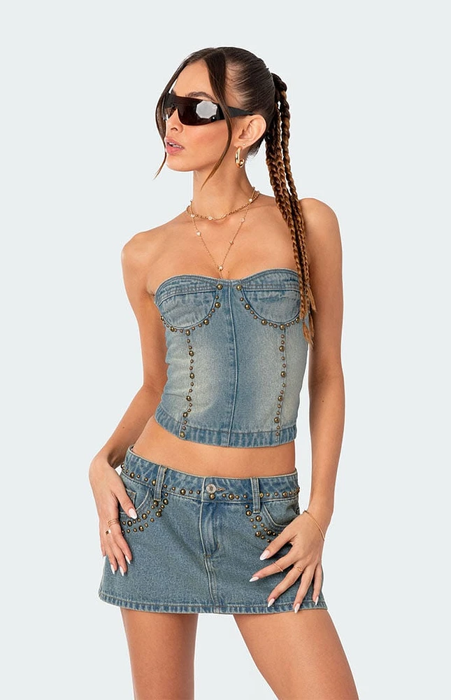 Studded Washed Denim Lace-Up Corset