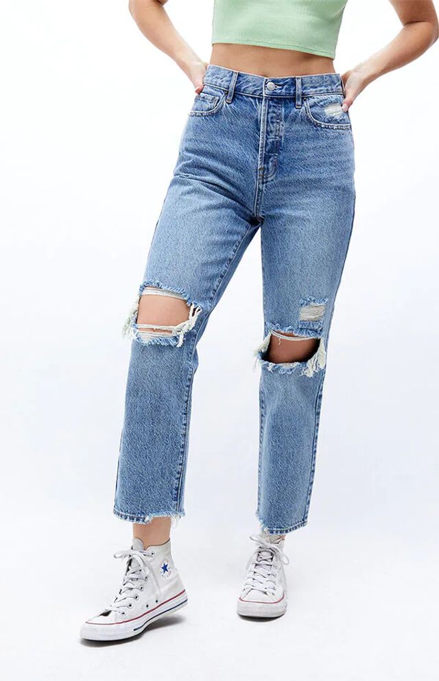 Eco Medium Blue Distressed High Waisted Straight Leg Jeans
