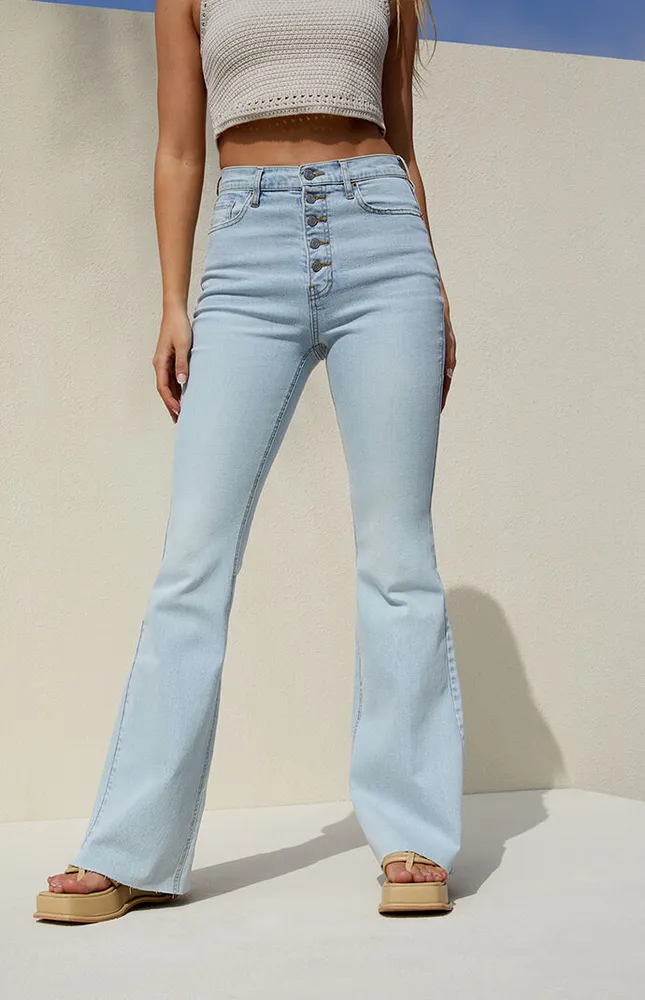 Light Blue Button Stretch High Waisted Flare Jeans