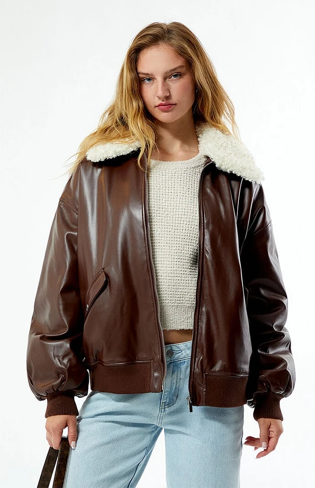 WEWOREWHAT Faux Leather Sherpa Collar Bomber Jacket