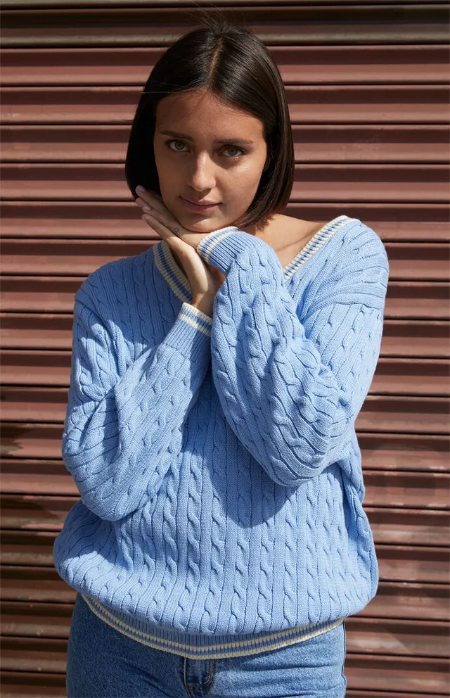 John Galt Light Blue Leigh Cable Knit Sweater