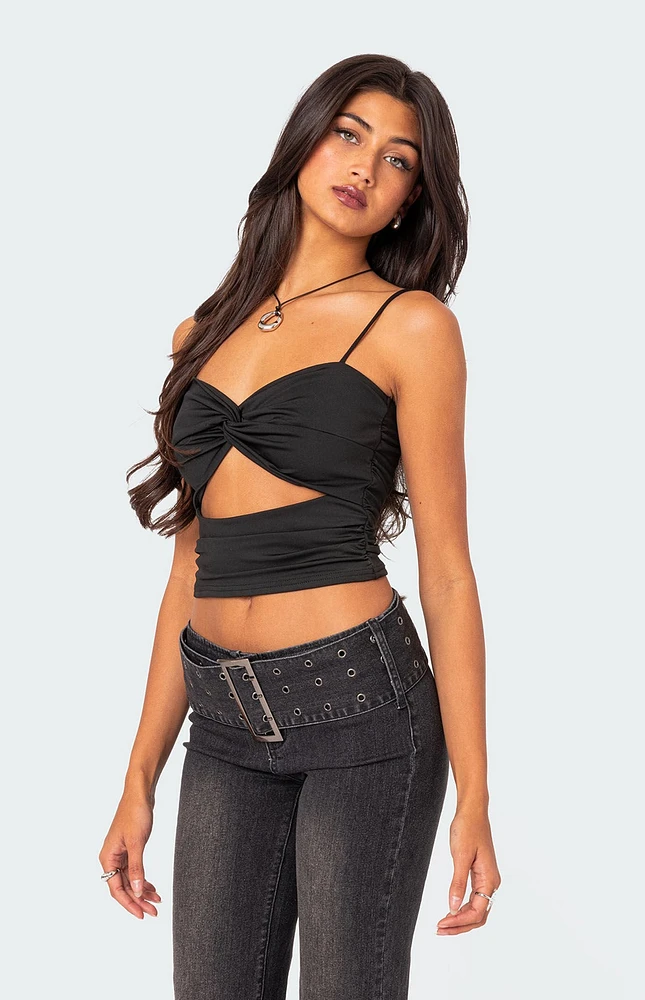 Twist Front Gathered Cutout Tank Top