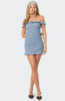 Edikted Off Shoulder Scrunched Plaid Mini Dress