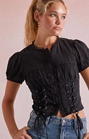 Beverly and Beck Gabbie Lace Up Short Sleeve Top