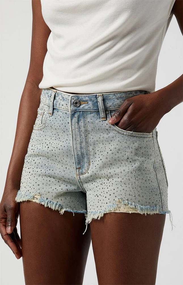 PacSun Light Indigo Rhinestone High Waisted Denim Festival Shorts