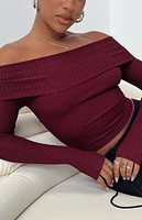 Princess Polly Eco Burgundy Morley Off-The-Shoulder Sweater