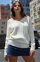 John Galt White Cable Knit V-Neck Sweater
