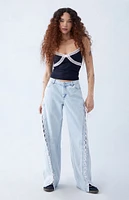 PacSun Light Indigo Bow Ribbon Lace Up Low Rise Baggy Jeans