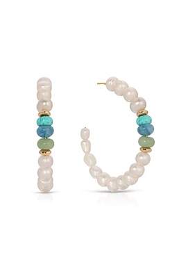 Ettika Beach Day Pearl and Blue Gemstone Hoop Earrings