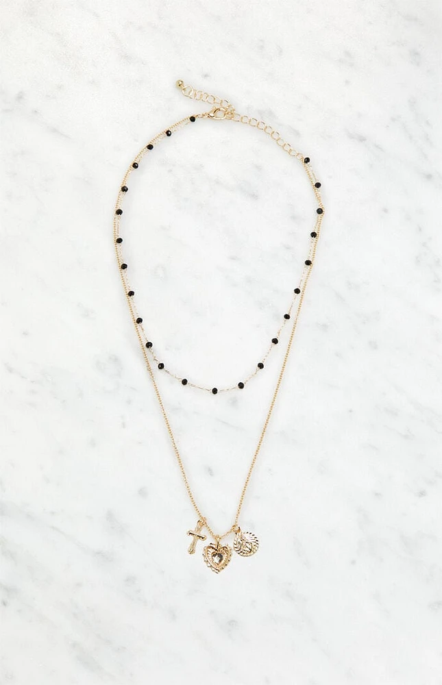 LA Hearts Black Beaded Cross Heart Necklace