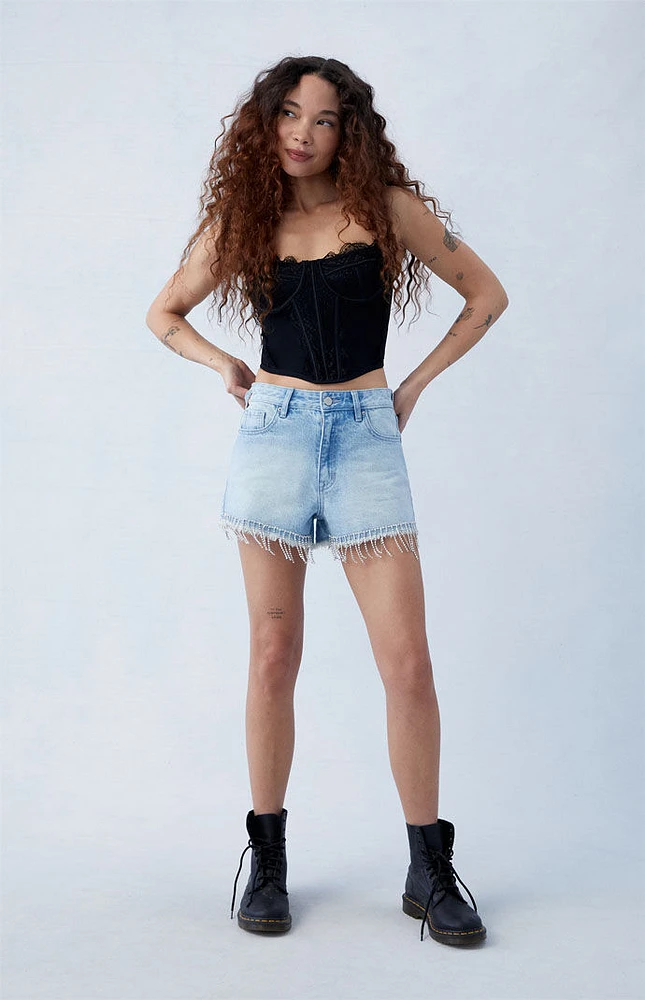 PacSun Eco Light Indigo Rhinestone High Waisted Denim Festival Shorts