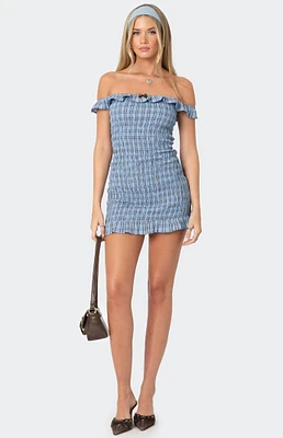 Edikted Off Shoulder Scrunched Plaid Mini Dress