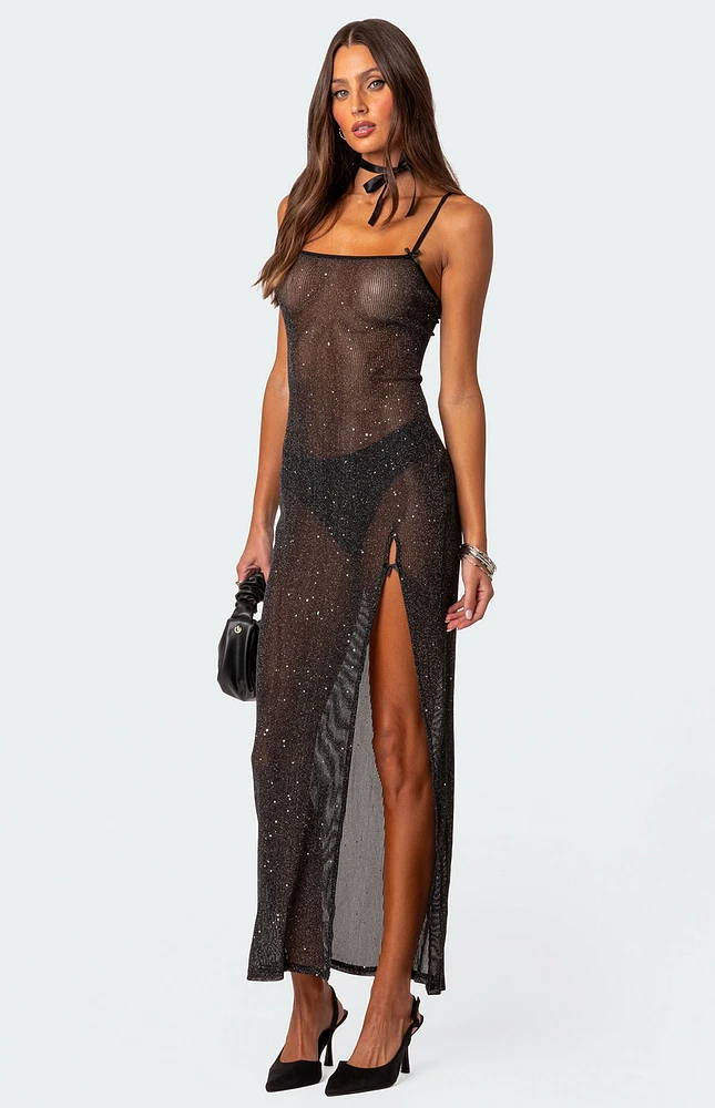 Edikted Sheer Micro Sequin Slitted Maxi Dress