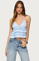 Edikted Tiered Ruffle Backless Striped Halter Top
