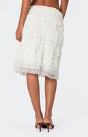 Edikted Louise Lace and Mesh Ruffle Midi Skirt