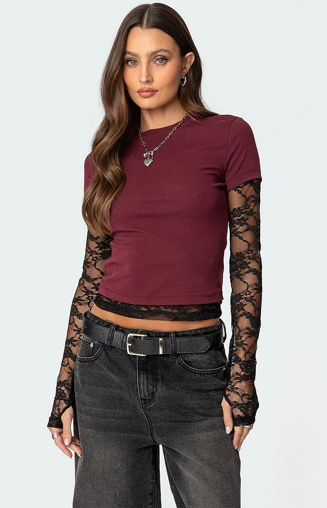 Edikted Layered Lace Sleeve T-Shirt