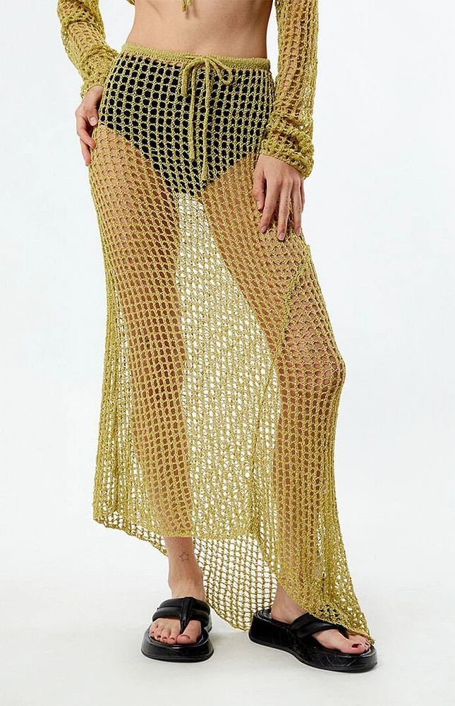 Daisy Street Open Knit Mid Rise Asymmetrical Midi Skirt