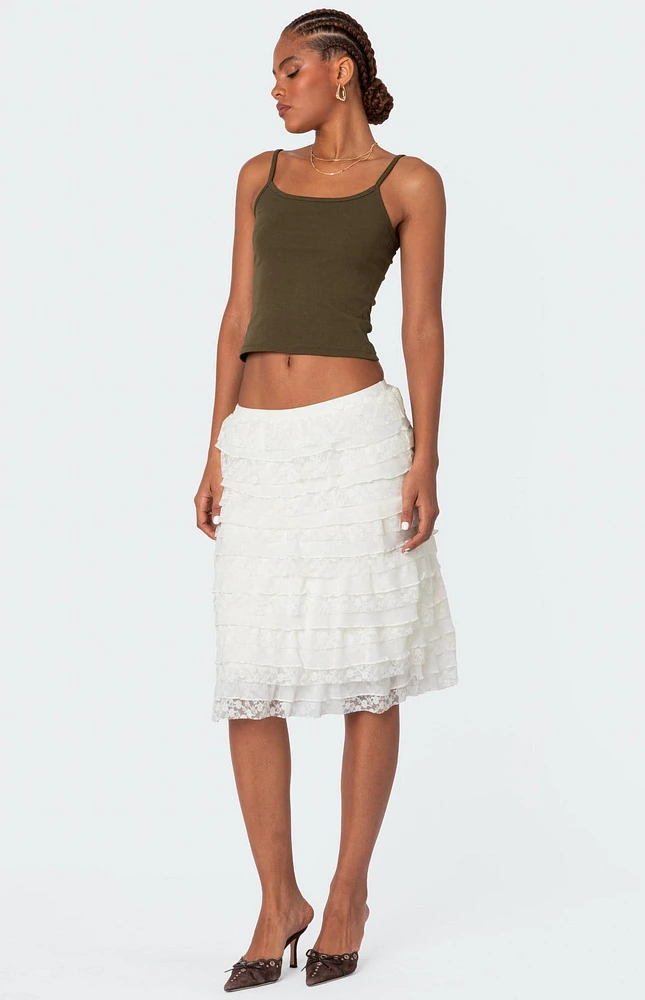 Edikted Louise Lace and Mesh Ruffle Midi Skirt