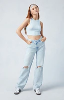Pacsun Eco Light Indigo Ripped Asymmetrical Waistband '90s Boyfriend Jeans