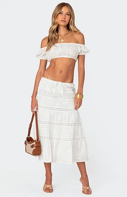 Edikted Tiered Cotton Lace Midi Skirt