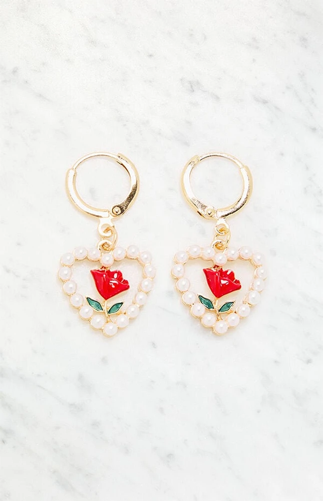 LA Hearts Pearl Heart Rose Hoop Earrings