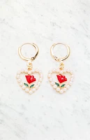 LA Hearts Pearl Heart Rose Hoop Earrings