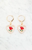 LA Hearts Pearl Heart Rose Hoop Earrings