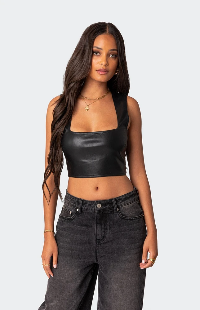 Edikted Crescent Faux Leather Crop Top