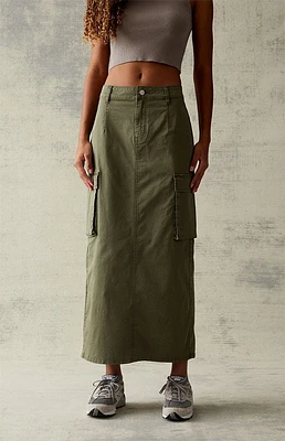 PacSun Olive Stretch High-Waisted Cargo Midi Skirt