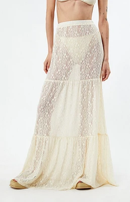 Daisy Street Sheer Lace Mid Rise Tiered Maxi Skirt