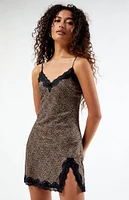 LA Hearts Lace Trim Leopard Slip Dress