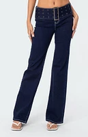 Edikted Buckle Belt Washed Flare Jeans