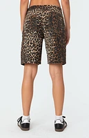 Edikted Leopard Low Rise Denim Bermuda Shorts