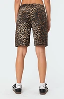 Edikted Leopard Low Rise Denim Bermuda Shorts