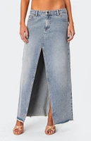 Front Slit Washed Denim Maxi Skirt