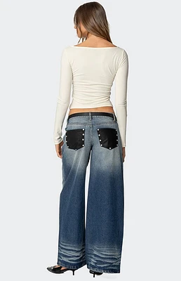 Edikted Faux Leather Pocket Low Rise Jeans