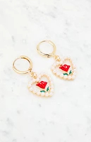 LA Hearts Pearl Heart Rose Hoop Earrings