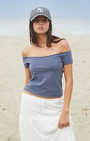 John Galt Dark Blue Bonnie Off-The-Shoulder Crop Top