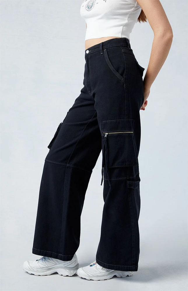 Black High Waisted Wide Leg Cargo Pants