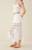 Beverly & Beck Sheer Asymmetrical Lace Midi Skirt