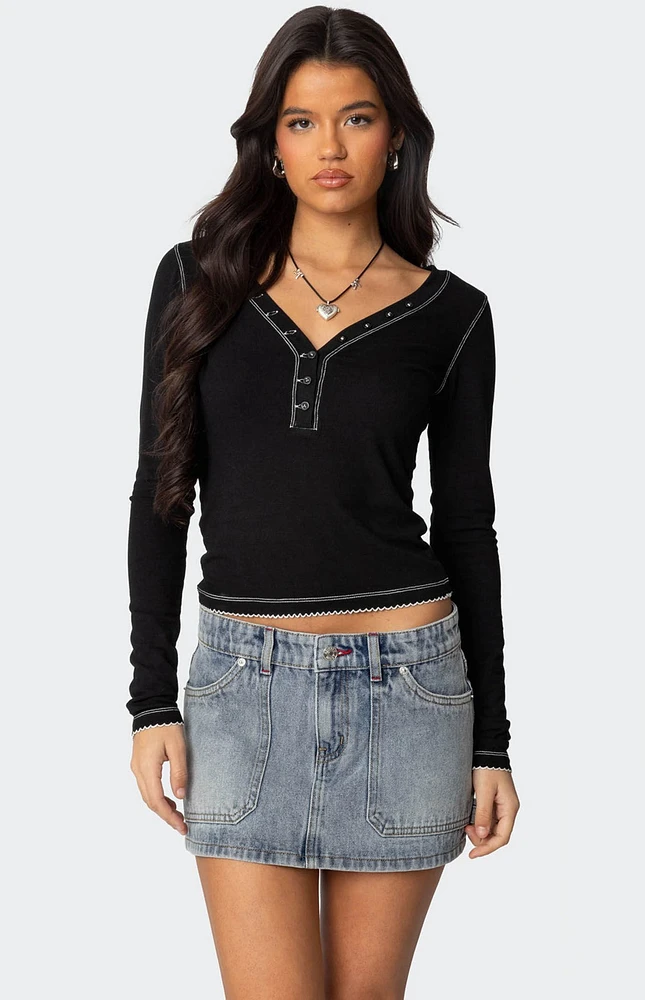 Edikted Yael Contrast Stitch Henley Top