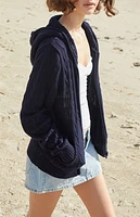 John Galt Navy Cable Knit Zip Up Hooded Sweater