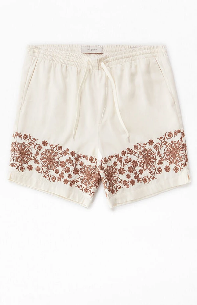 Pacsun Cream Embroidered Volley Shorts