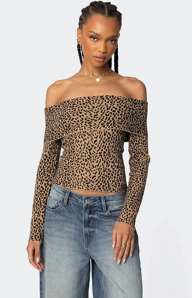 Edikted Leopard Printed Fold Over Knit Top