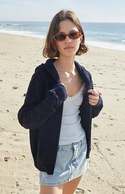John Galt Navy Cable Knit Zip Up Hooded Sweater