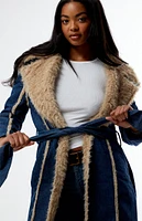 Daisy Street Denim Faux Fur Trim Trench Coat