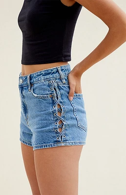 PacSun Medium Indigo Lace-Up High Waisted Denim Festival Shorts